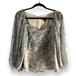 Express‎ Womens Size Small Balloon Sleeve Blouse Blue Floral Gold Romantic Boho